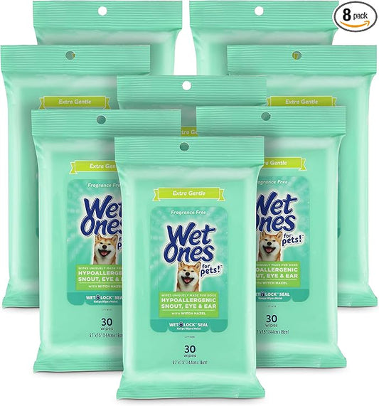 Wet Ones for Pets Extra Gentle Dog Wipes with Witch Hazel - Fragrance-Free, Hypoallergenic Pet Grooming Wipes for Snout, Eye, and Ear Areas, Sensitive Skin, 30 Count - 8 Pack