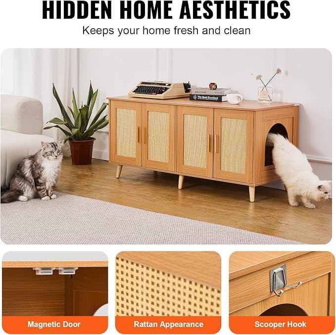 VEVOR Cat Litter Box Enclosure for 2 Cats, Litter Box Furniture Hidden with Double Rooms, Wooden Cat Box Cabinet Fit Most of Litter Box