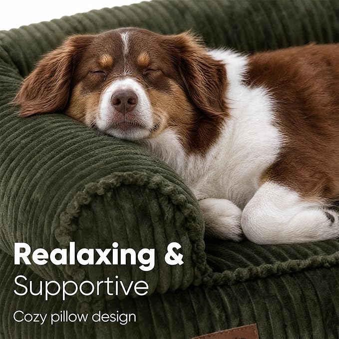 FUKUMARU Cute Dog Bed, Waterproof Corduroy Dogs Couch, 36in Orthopedic Pet Sofa for Medium to Large Dogs Dog, Warm Cotton Pet Bed with Washable Cover, Green