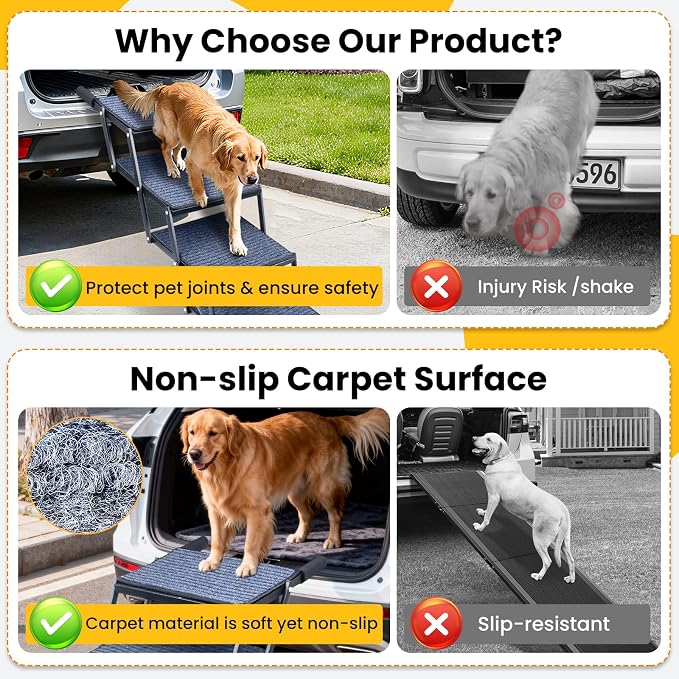 Dog Stairs for Large Dogs, Extra Wide Dog Ramp for Car with Non-Slip Surface, Foldable Pet Steps for Cars, SUV, Truck, RV, Supports up to 200 lbs, 4 Steps