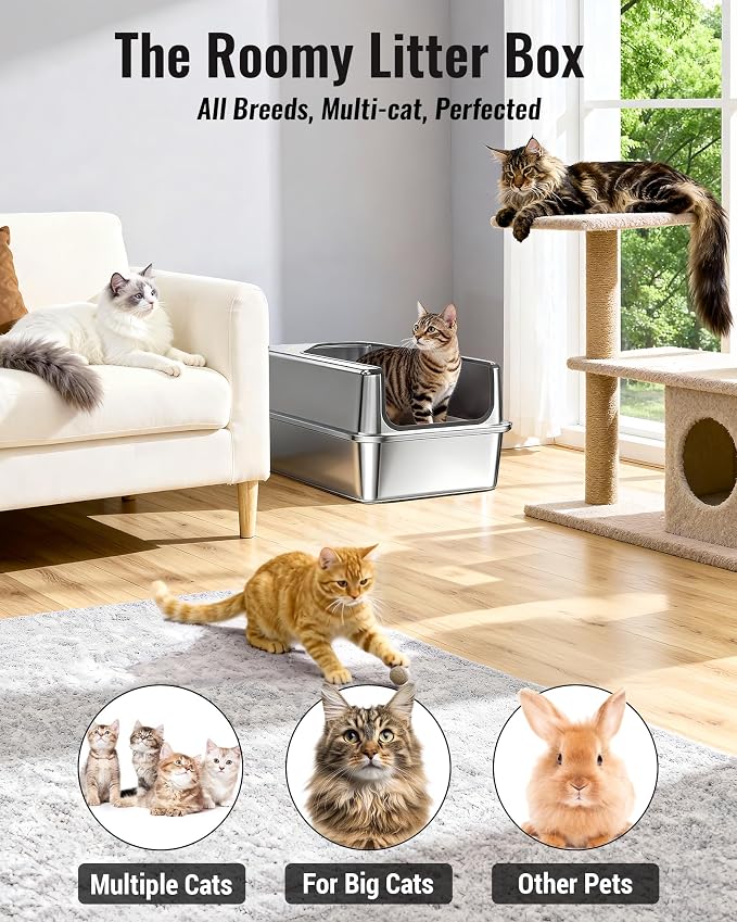 PETNF All Metal Cat Litter Box - All Stainless Steel Litter Box, Odor-Free Large Capacity with Included Litter Scoop, Leak-Proof High-Sided, Easy-to-Maintain for Big Cats & Multi-Cat Homes (2 Pack)