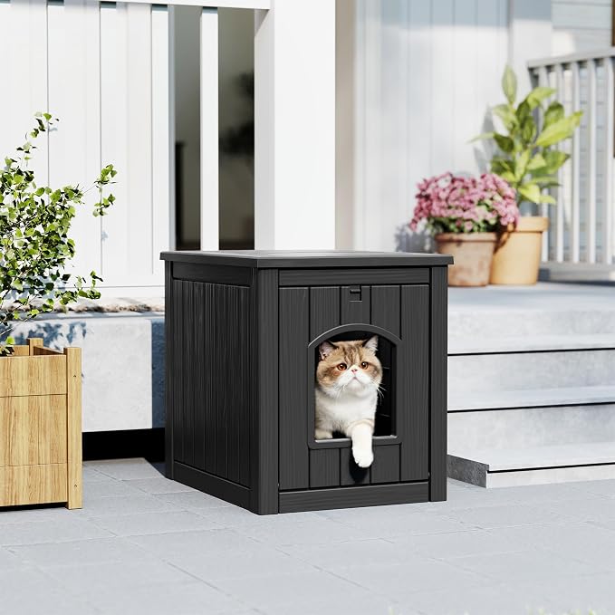 Cat Litter Box Enclosure, Plastic Hidden Litter Box Side Table with Openable Front Door, Waterproof & Weatherproof Cat Box Enclosure Cabinet for Indoor & Outdoor Use (Black)