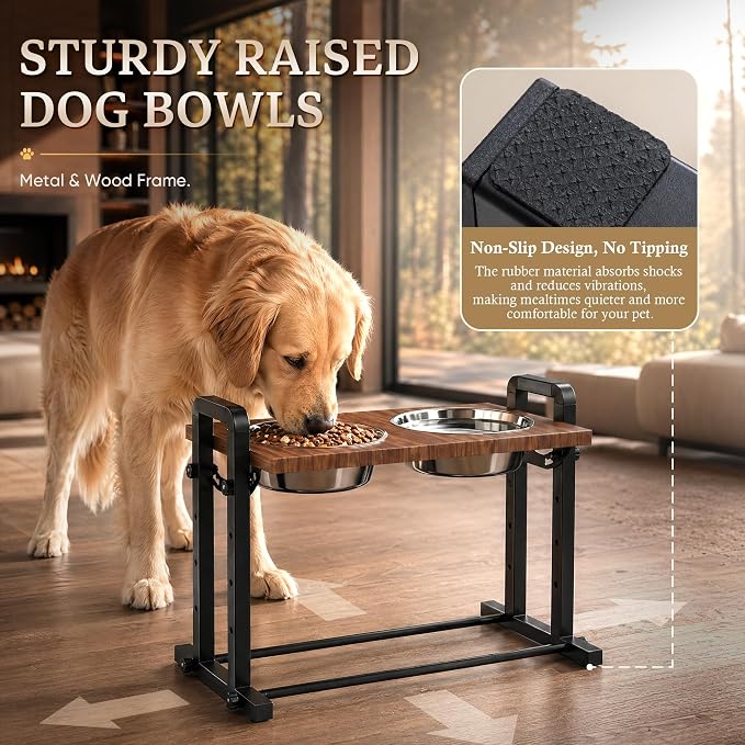 CZPET Elevated Dog Bowls Tilted Platform (0°, 7.5°, 15°), Height Adjustable Dog Bowl Stand, Stable&Sturdy Metal Raised Dog Feeding Station, 2L Large Stainless Steel Bowls for Large Medium Small Dogs