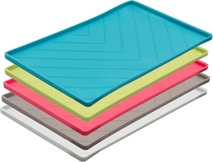 Messy Mutts Silicone Non-Slip Dog Bowl Mat with Raised Edge and Two Sides Reinforced with Metal Rods | Dog/Cat Bowl Mat with Spill-Proof Lip | Large, 24” x 16” | Dark Grey