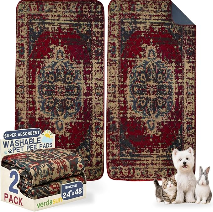 Washable Pee Pads for Dogs, Reusable Puppy Potty Training Pads, Ultra-Absorbent Thick Waterproof Leak-Proof Non-Slip Pads & Mat for Crate, Playpen, Floor, Whelping & Housebreaking , 2 Pack 24"x48"