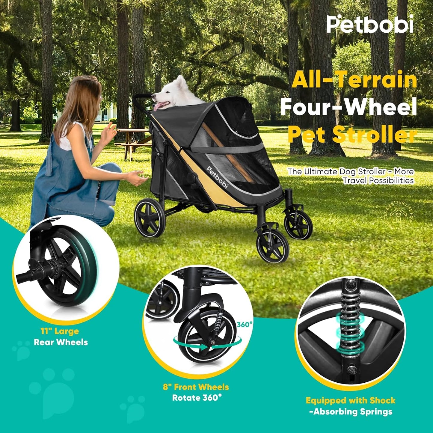 Petbobi Dog Stroller for Medium Dogs - Easy Fold Dual Entry Pet Stroller with One-Foot Brake, All Terrain Wagon Cart with Large Air Mesh, Ideal for Large Senior Pets up to 80 lbs, Black