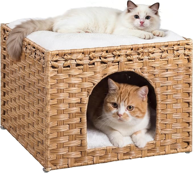 Snughome Handwoven Rattan Cat House - Indoor Foldable Cat Bed Cave with 2 Removable Bed Mats, Large Kitten House, Hideaway Pet Cube, 16.54 x 16.54 x 12.6 Inches, Natural, for Living Room & Bedroom