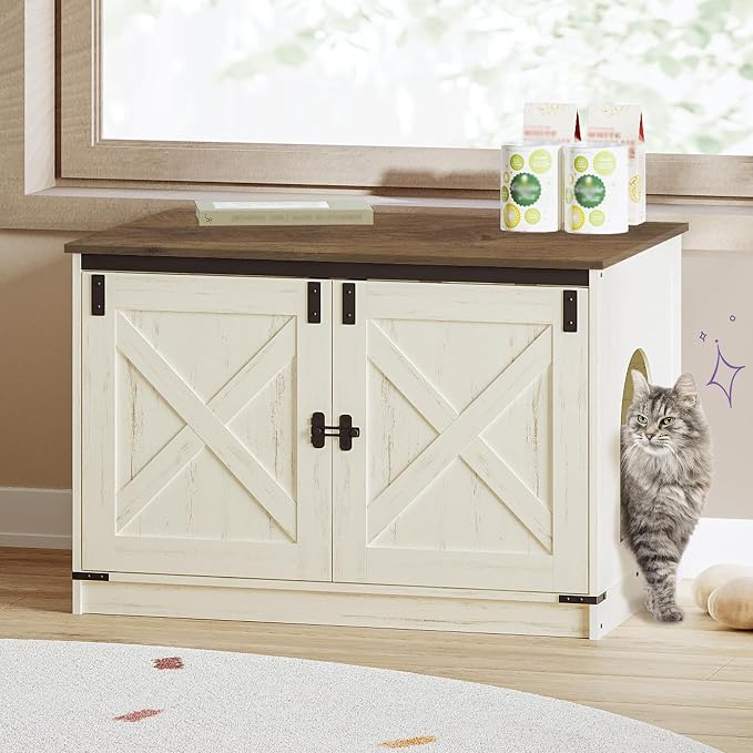 Hzuaneri Cat Litter Box Enclosure with Cushion, Hidden Litter Box Furniture with Removable Dividers, Reversible Entrance Left or Right Side, Cat House, Rustic White and Brown CB84614X