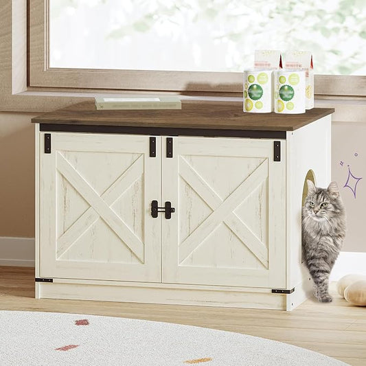 Hzuaneri Cat Litter Box Enclosure with Cushion, Hidden Litter Box Furniture with Removable Dividers, Reversible Entrance Left or Right Side, Cat House, Rustic White and Brown CB84614X