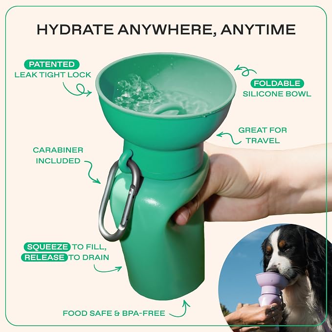 Springer Flip Portable Dog Water Bottle with Foldable Food Grade Silicone Bowl - 20 Ounce Travel Dog Water Bottle Ideal for Camping - Easy Squeeze Hydration & Release to Drain Lilac
