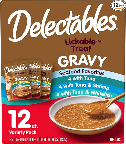 Delectables Lickable Treat Gravy Seafood Variety Wet Cat Treat & Food Topper, Food Topper, Hydrating, Grain-Free, No Fillers, No by-Products, No Added Preservatives, 1.4-oz Pouch, 12 Count