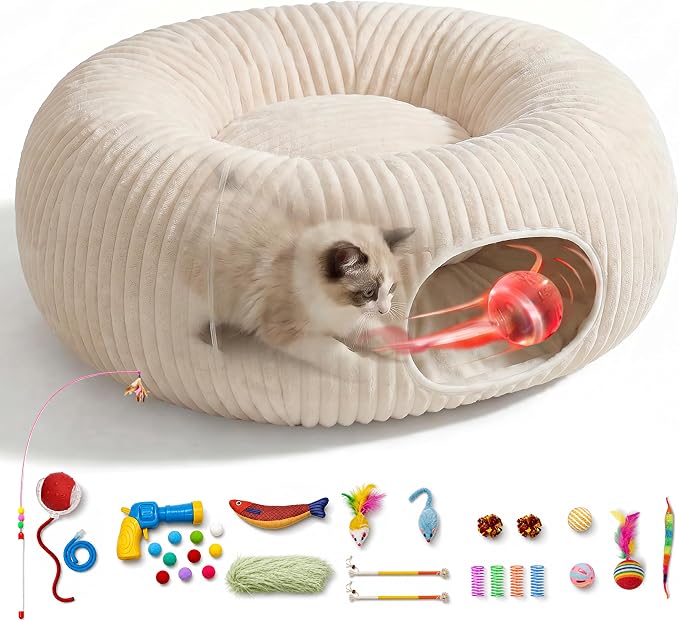 31 Pcs Interactive Cat Toys for Indoor Cats, Cat Tunnel with Moving Ball, Cat Toy Launcher, Catnip Toys, Chew Rope, Feather Wand, Springs and Balls for Indoor Kittens, White
