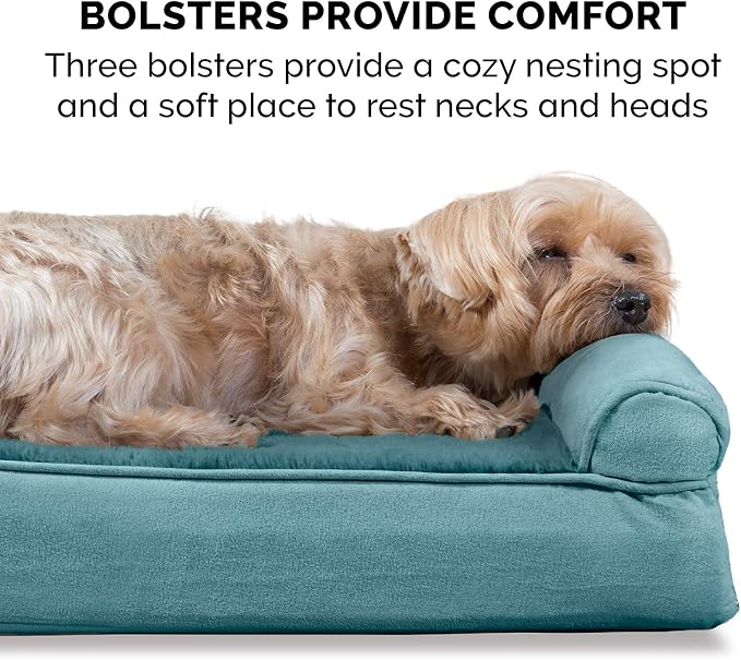 Furhaven Cooling Gel Dog Bed for Medium/Small Dogs w/ Removable Bolsters & Washable Cover, For Dogs Up to 35 lbs - Plush & Suede Sofa - Deep Pool, Medium