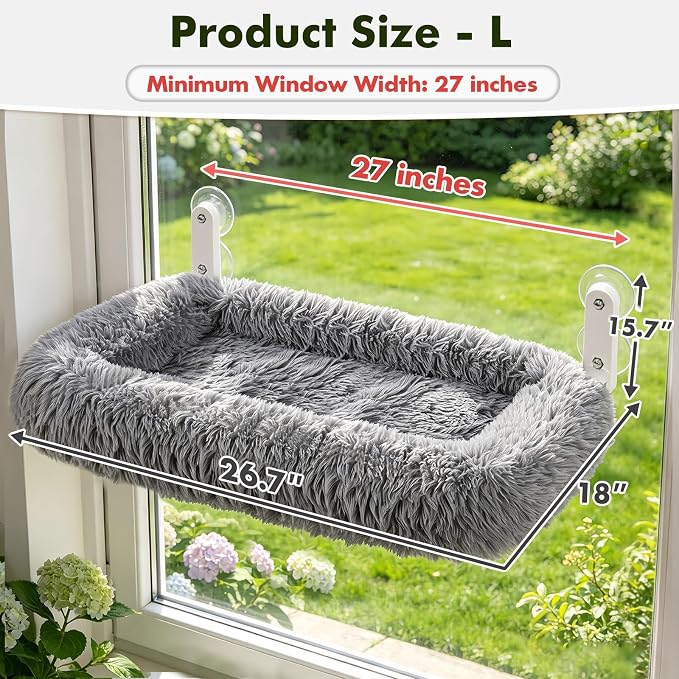 Zoratoo Cloud-Snuggle Cat Window Perch with 4-Sided Ultra-Thick & Fluffy Plush Cushion Bed, Foldable Cordless Cat Window Hammock for Window with Sturdy Metal Frame for Large Cats and Kittens (L, Gray)