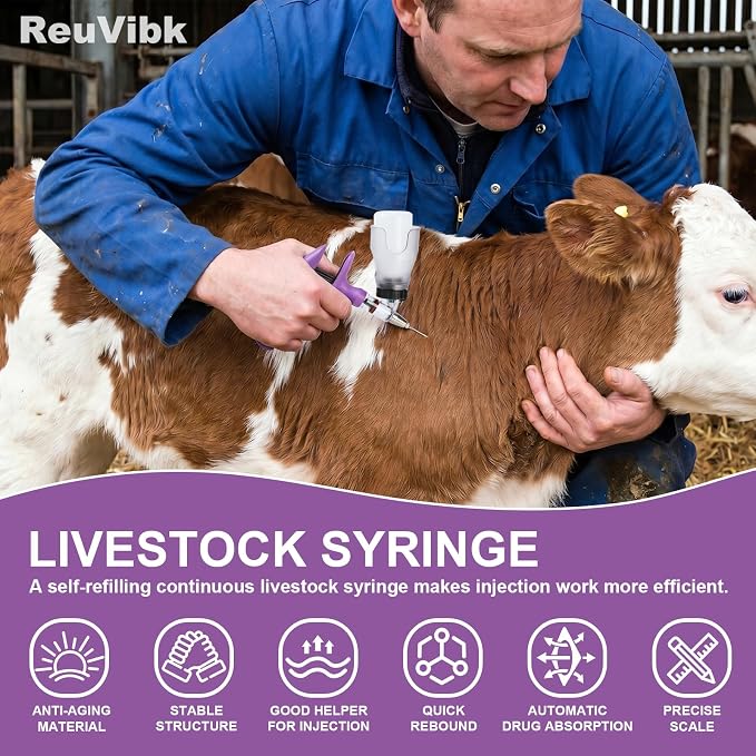 5ML Livestock Syringes, Automatic Self Refill Syringe Continuous Repeating Adjustable Bottle Attachment Livestock Animal Injection Gun with 10 Needles, for Chicken, Duck, Pig, Sheep, Cow Poultry