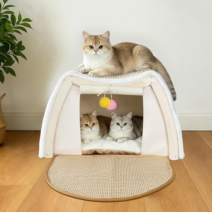Cat Houses for Indoor Cats, Cat House with Natural Sisal Cat Scratcher Mat, Sturdy Solid Wood Frame Cat Houses & Condos, 4 Seasons Cat Bed Cave with Curtains, Sisal Scratching Pad & Mat