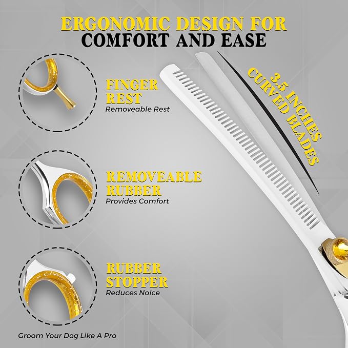 7.5” Curved Thinning Shears for Dogs and Cats – 34 Tooth Professional Pet Grooming Scissors – Smooth, Quiet Blending Shears for Face, Ears, Chest and Legs, Ergonomic Design for Home and Pro Use