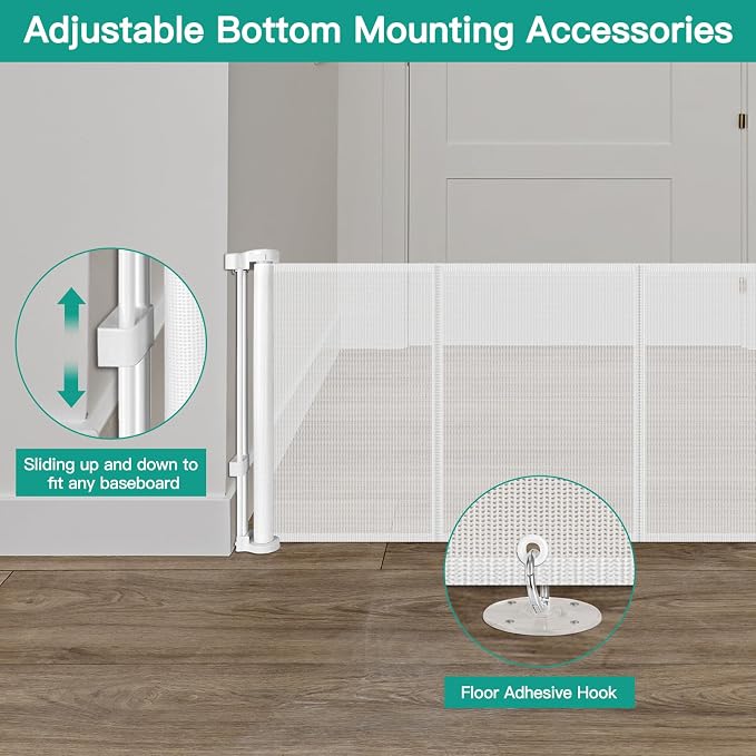 24 Inch Tall x 110 Inch Extra Wide Retractable Dog Gate for The House, Short Baby Gate to Step Over, Reinforced Mesh Puppy Gate for Doorways, Step Over Pet Gate for Stairs, Indoor/Outdoor, White