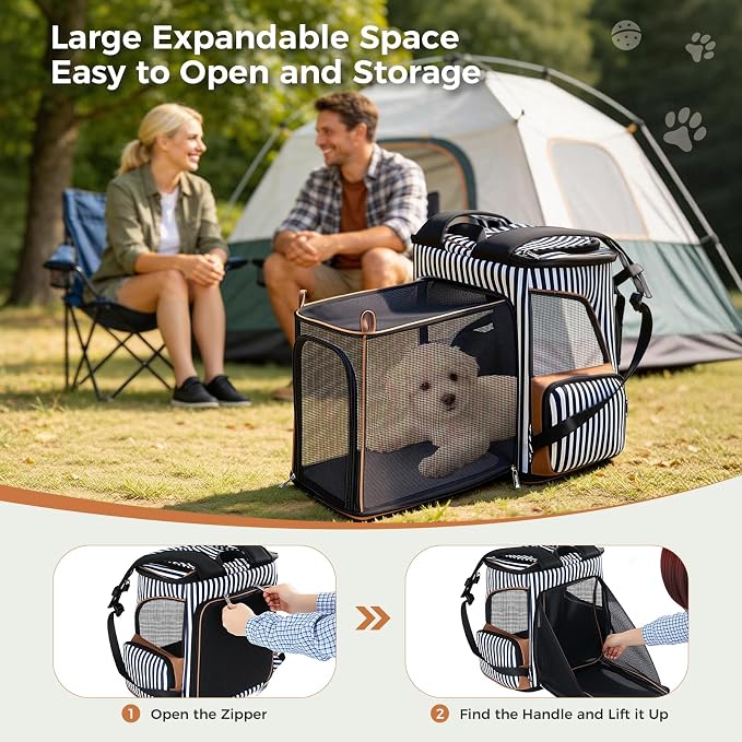 Lekereise Pet Carrier Backpack Expandable Cat Backpack for Small Dogs Cats, Dog Backpack Bag with Breathable Mesh and Inner Safety Leash, Striped