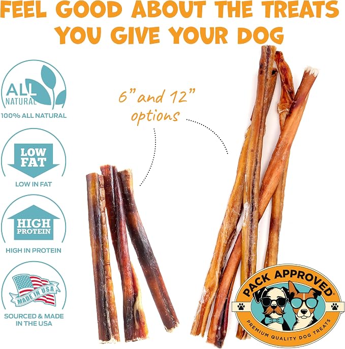 Pack Approved Standard Beef Bully Sticks for Large Dogs - Long Lasting Dog Chews for Aggressive Chewers - No Hide Dog Chews for Large Dogs - 12" (8ct)