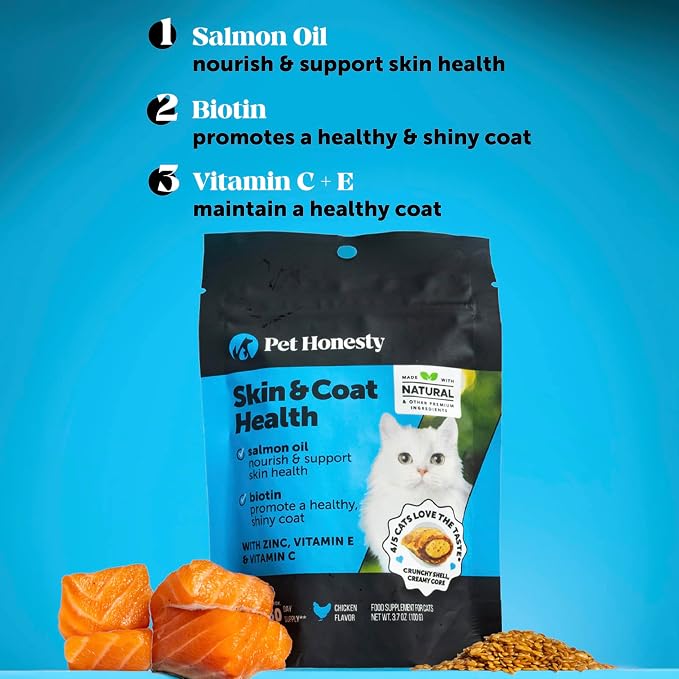 Cat Skin & Coat Supplement Crunchy Creamy Chews - Salmon Oil for Cats Omega 3 Itchy Dry Skin Relief - Feline Shedding Control - Biotin Vitamins for Indoor Cats Shiny Soft Coat (30-Day Supply)