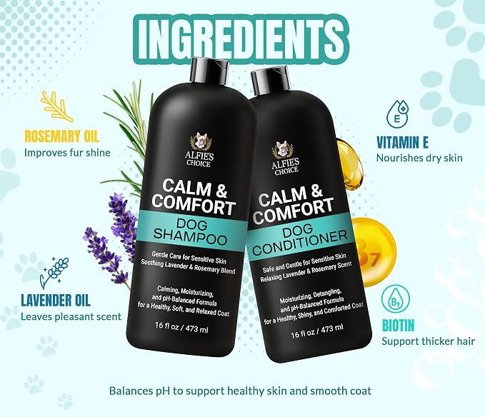 ALFIE'S CHOICE Dog Shampoo for Dry Itchy Skin | Calm & Comfort Shampoo and Conditioner Set | 16 fl oz Each | Lavender, Rosemary & Vitamin E | for Sensitive Skin & All Breeds