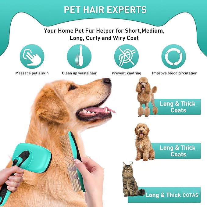 Self Cleaning Slicker Brush for Dog - 5 PCS Dog Brush Grooming Kit,Undercoat Rake Brush Comb for Small Large Dogs Cats, Dog Hair Brush Set, Grooming Deshedding at Home or Travel, Green