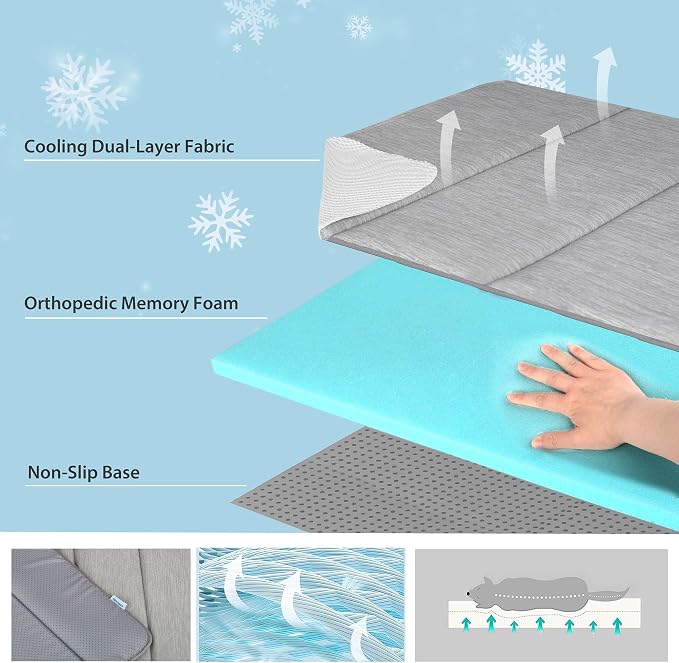Dog Cooling Mat for Large Dogs – 47"x29" Orthopedic Memory Foam Pad for Summer, Hot Weather & Joint Relief | Washable, Non-Slip Crate Mat for Senior Dogs, Travel & Home(Grey)