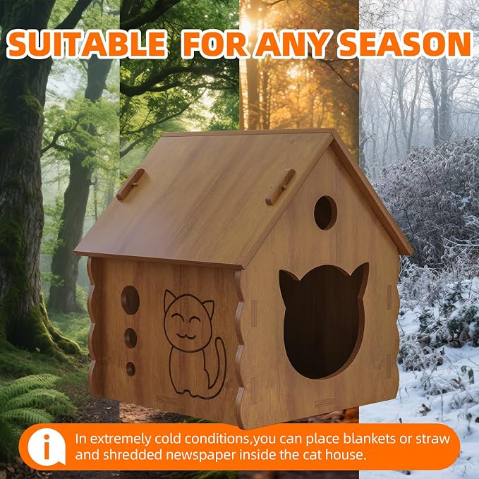 Cute Gable Roof Small Wooden Cat House, Indoor Outdoor Multi-Ply Wood Cat Shelter with Rainproof Windproof, Easy Assemble Move & Clean, Breathable Cat Hut for Kittens (Brown)