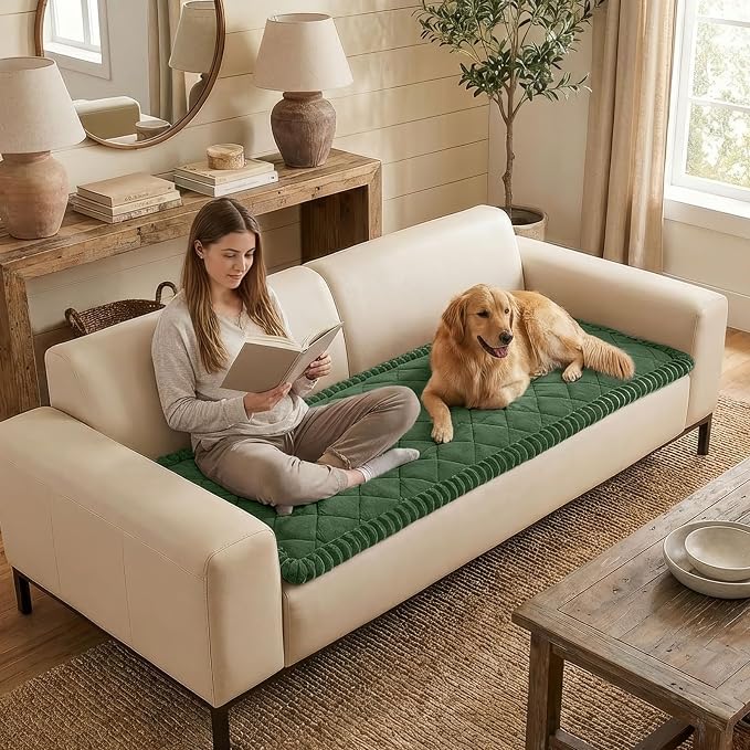 Smiry Couch Cover for Dogs, Non Slip Washable Pet Sofa Protector for Large Dogs, Cats, Fuzzy Plush Sofa Covers for 3 Cushion Couch, Against Fur, Dirt & Scratch Resistant, Green, 27.6"×82.7"