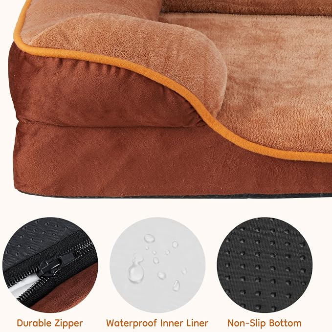 DUMOS Orthopedic Dog Beds for Large Sized Dogs, 35x25 Inch Machine Washable Cover Pet Bed, Anti-Slip Waterproof Memory Foam Couch Bed for Indoor Dogs and Cats, Brown