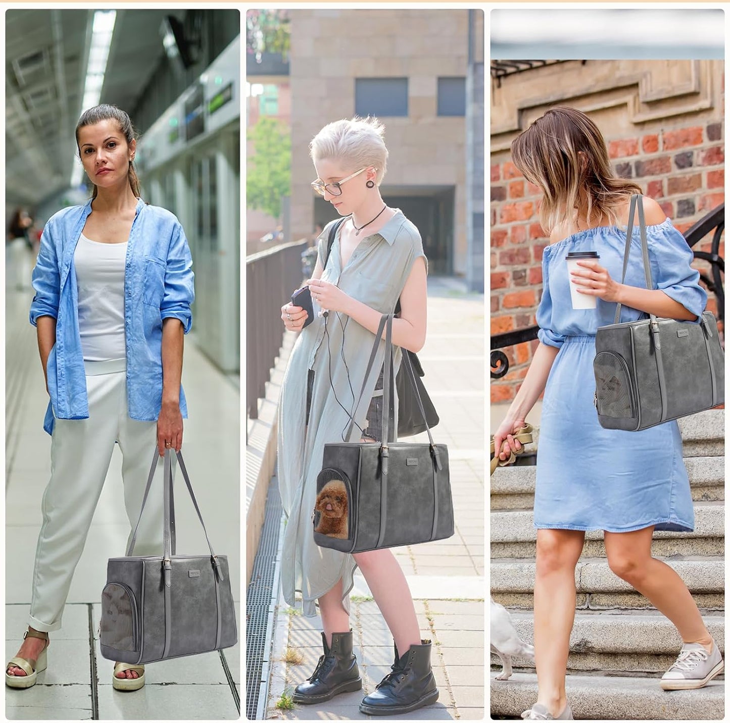 Fashion Dog Purse Pet Carrier Leather Bag for Small Dogs Cats Puppy, Portable Tote Bag Airline Approved Soft-Sided Carriers (Grey)