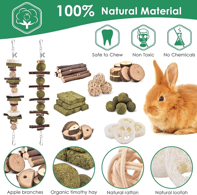 KATUMO Rabbit Chew Toys, 74 PCS DIY Hamster Chew Kit Bunny Teeth Care Molar Toys Ideal for Rabbit, Guinea Pig, Chinchilla, Hamster, Squirrel, Gerbils Etc Small Rodent Pets' Teeth Grinding