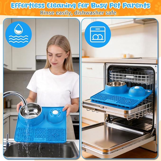 Dog Lick Bowl with Rolling Ball for Liquid and Thick Treat—3 in 1 Slow Feeder Dog Bowls+Lick Mat+50oz Stainless Steel Food Bowl,Anti-Slip 5/6 Cup Licking Toy for Medium Large Dogs and Cats Blue