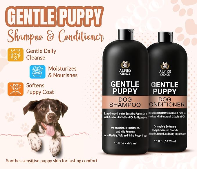 ALFIE'S CHOICE Puppy Shampoo and Conditioner Set | 16 fl oz Each | Gentle Formula for Sensitive & Itchy Skin | Panthenol & Sodium PCA | for Puppies, Adults & All Breeds