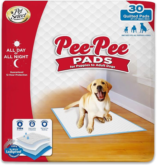 Four Paws Pet Select Pee Pads for Dogs and Puppies, Leak-Proof Floor Protection Dog & Puppy Quilted Potty Training Pads, Unscented, 22" x 22" (30 Count)