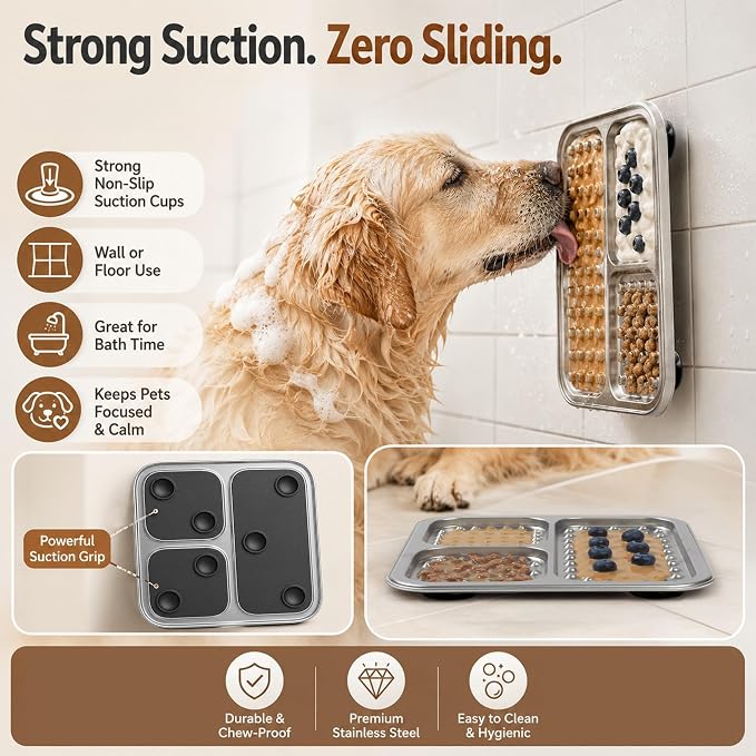 2 Pack - Stainless Steel Lick Mat for Dogs & Cats, Large Non-Slip Slow Feeder Pad with Suction Cups, Chew-Proof Dog Licking Mat for Anxiety Relief, Bathing & Grooming Time