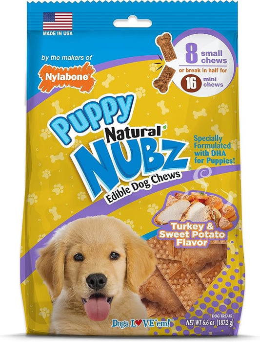 Nylabone Nubz Natural Dog Chew Treats for Puppies, Long Lasting Dog Chew Bones Made in USA, Puppy Training Treats, Turkey & Sweet Potato Flavor, for Small Dogs Up to 25 lbs. (8 Count)