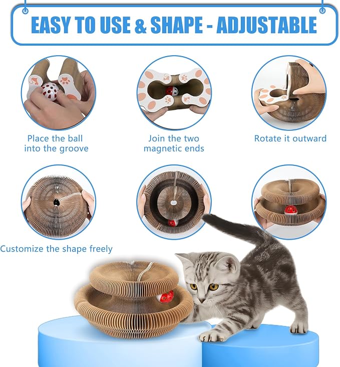 2 PCS Cat Scratcher, Foldable Magic Organ Cat Toy Scratching Board with Bell Balls, Reversible Corrugated Cardboard