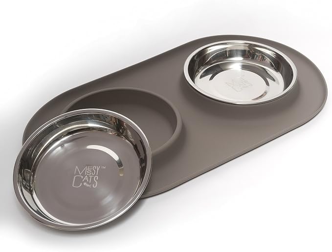 Messy Cats Double Silicone Feeder with Stainless Saucer Shaped Bowl | Anti-Slip Non-Skid Cat Food Bowls | Two Cat Bowls in Feeding/Water Station | 1.75 Cups per Bowl (Grey)