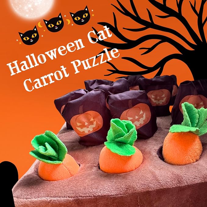 CECE PAW Carrot Patch Cat Toy Halloween Edition, Mat Pocket with Pumpkin Design, 12 Squeaky Carrot with Pockets and 4 Cute Catnip Toys for Indoor Cats Kicking and Biting
