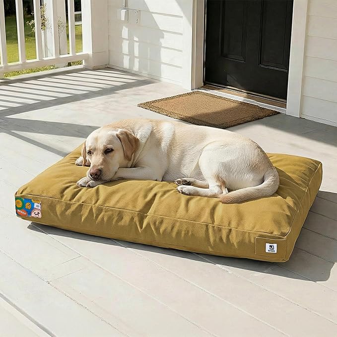 Sytopia 42 Inch Canvas Outdoor Dog Bed for Extra Large Dogs, Durable Dog Bed with Waterproof Machine Washable Removable Cover, Indoor Patio Pet Pad for Crate, Yellow