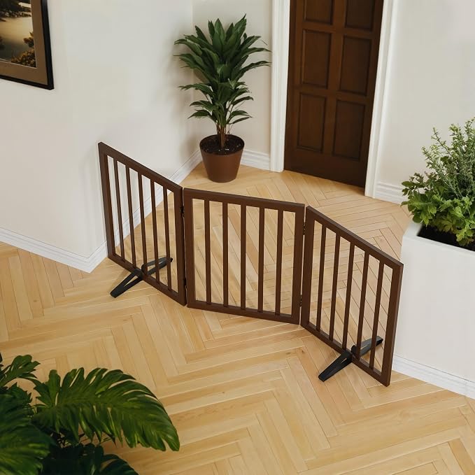 Wooden Dog Gate Freestanding Foldable 3 Panel Pet Gates Extra Wide Dog Gates for Indoor Doorways Stairs 24in Height Support Feet Included