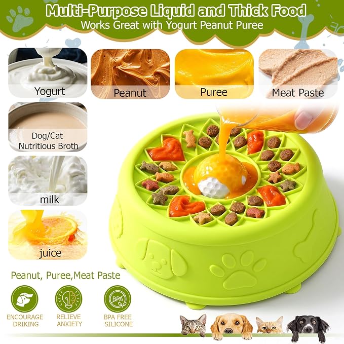 Dog Slow Feeder Lick Bowl with Rolling Ball for Liquid Treats, 2-in-1 Anti-Slip Silicone Dog Licking Bowl for Bone Broth with Suction Cup, Enrichment Lick Sphere Toy for Large Medium Dogs Cats (Green)
