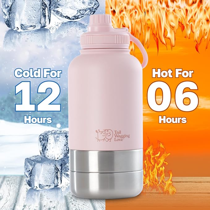 32oz 3-in-1 Travel Water Bottle for Dogs & Humans, Dual Use, Stainless Steel, Keeps Water Hot 6hrs/Cold 12hrs, Leak-Proof with Detachable Food & Water Bowls, Perfect for Travel