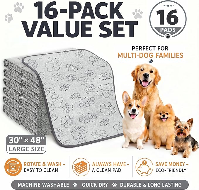 Qeils Reusable Puppy Pads, 16 Pack Washable Pee Pads for Dogs, Non Slip Wee Wee pad, Absorbent and Leakproof Training Mats for Potty, Crate, Playpen, Bed, Sofa, 48"x 30"