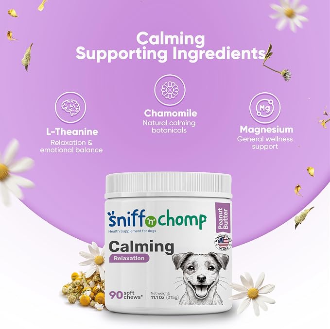 SNIFF 'N' CHOMP Dog Calming Chews, Peanut Butter Flavor, Natural Anxiety Relief with L-Theanine Chamomile Valerian Melatonin, Stress Support for All Breeds, Calming Dog Treats | 90 Soft Chews
