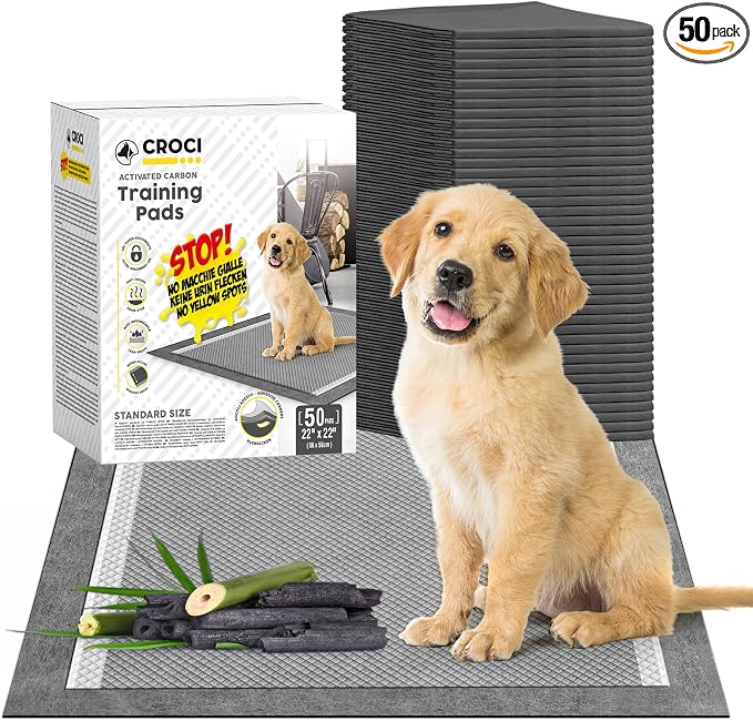 CROCI Puppy Pee Pads 22"x22" Charcoal Pee Pads, Odor-Control Charcoal Puppy Pads & Super Absorbent Dog Pads Holds Up to 4 Cups of Urine, Leak-Proof & Quick-Dry Dog Pee Pads, Disposable (50 Counts)