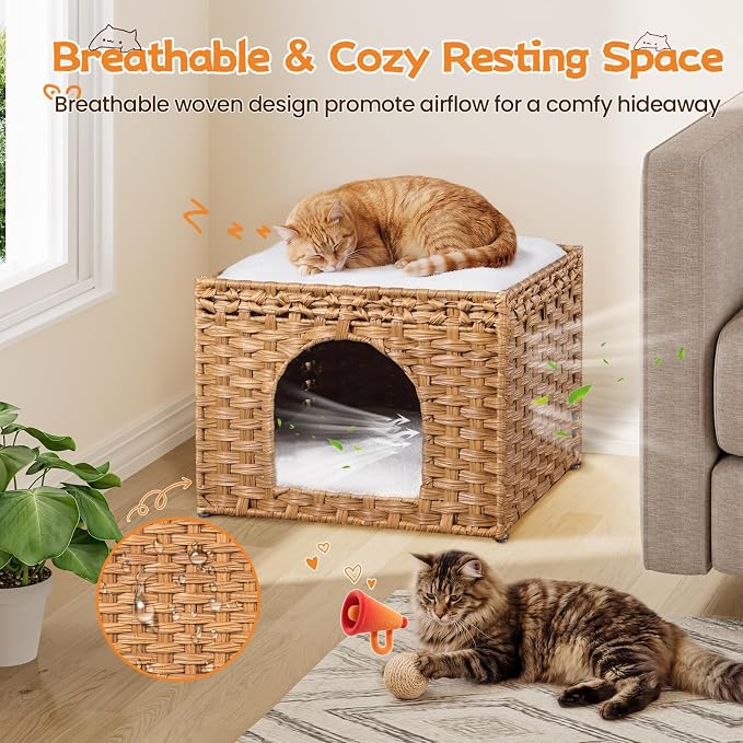 Snughome Handwoven Rattan Cat House - Indoor Foldable Cat Bed Cave with 2 Removable Bed Mats, Large Kitten House, Hideaway Pet Cube, 16.54 x 16.54 x 12.6 Inches, Natural, for Living Room & Bedroom