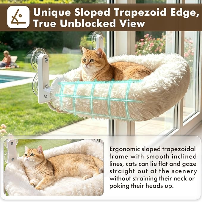 Zoratoo Cloud-Snuggle Cat Window Perch with 4-Sided Ultra-Thick & Fluffy Plush Cushion Bed, Foldable Cordless Cat Window Hammock for Window with Sturdy Metal Frame for Large Cats and Kittens (M,White)